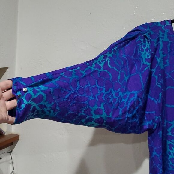 Vintage 80s Nora Noh 100% Silk Midi/Maxi Dress With Batwing Sleeves - Picture 8 of 16